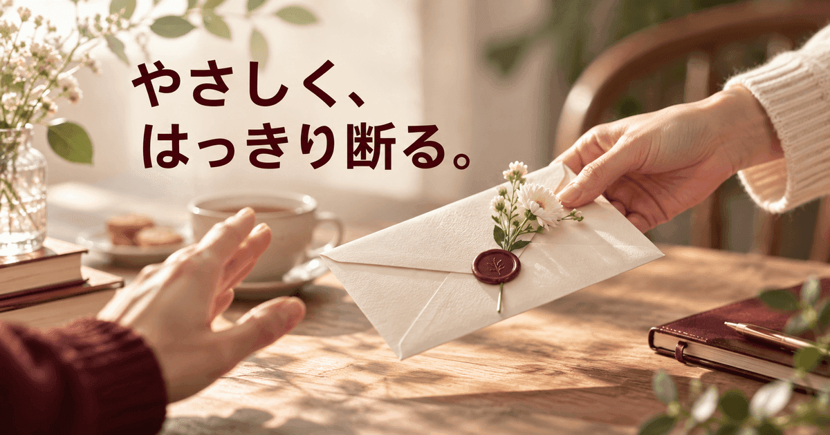 手が招待状の封筒をそっと返し、小さな花を一輪そえている。「やさしく、はっきり断る。」の文字