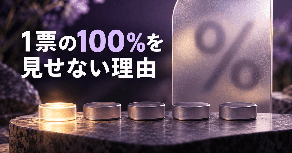 五つの投票の駒のうち一つだけが光り、曇りガラスの奥に%の記号。「1票の100%を見せない理由」の文字