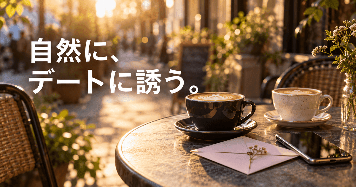 屋外のカフェの机に二つのカップとスマートフォン、招待状の封筒。「自然に、デートに誘う。」の文字