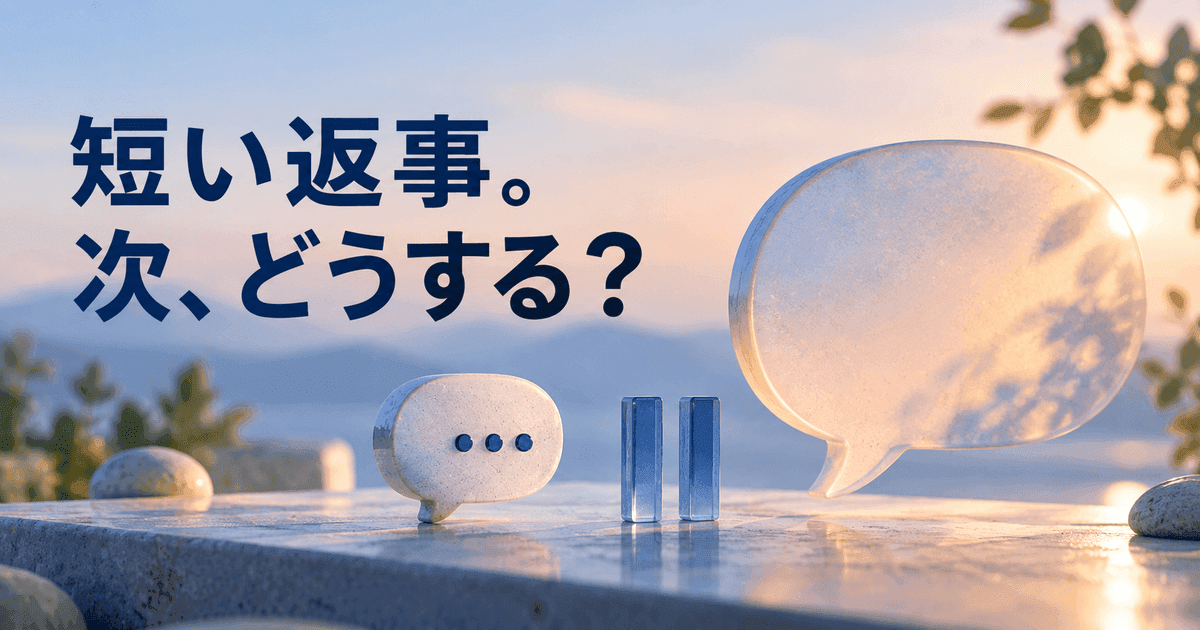小さな吹き出しの向かいに、大きな空の吹き出しと一時停止の印。「短い返事。次、どうする?」の文字